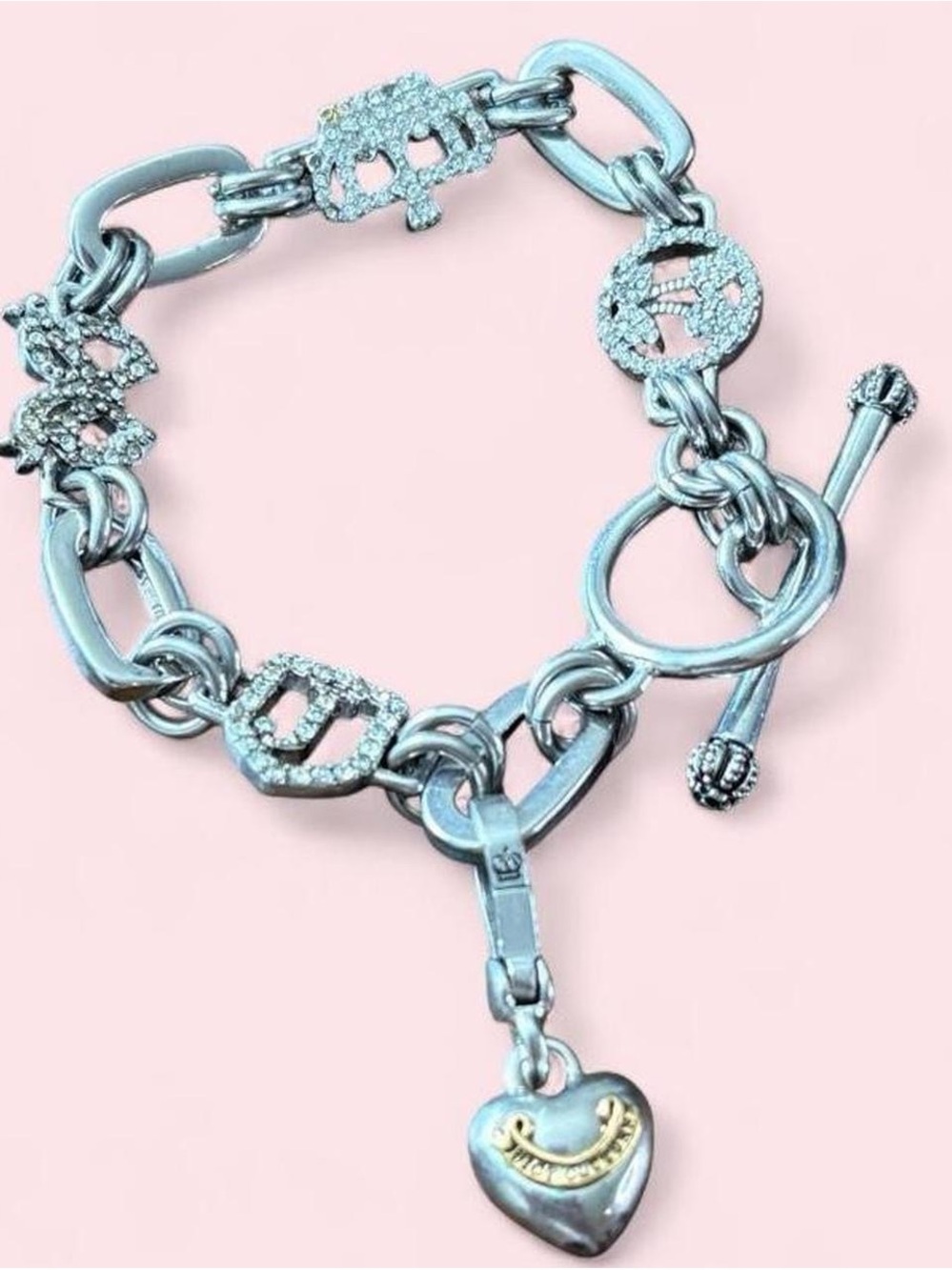 Juicy Couture Silver and Gold Heart Charm Pave Link Bracelet